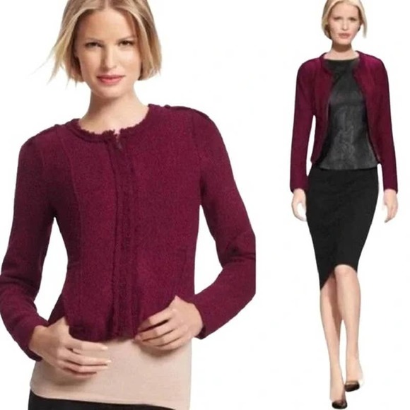 CABI Burgundy Knit Fuzzy Fringe Wool Blend Jacket 8 MEDIUM Zip Career Office - Picture 1 of 13